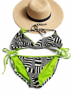 adidas Black & White Striped Bikini with Neon Green Lining Small